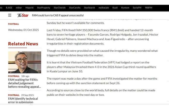 Malaysia dọa kiện lên CAS, báo Malaysia nói VFF khiếu nại lên FIFA